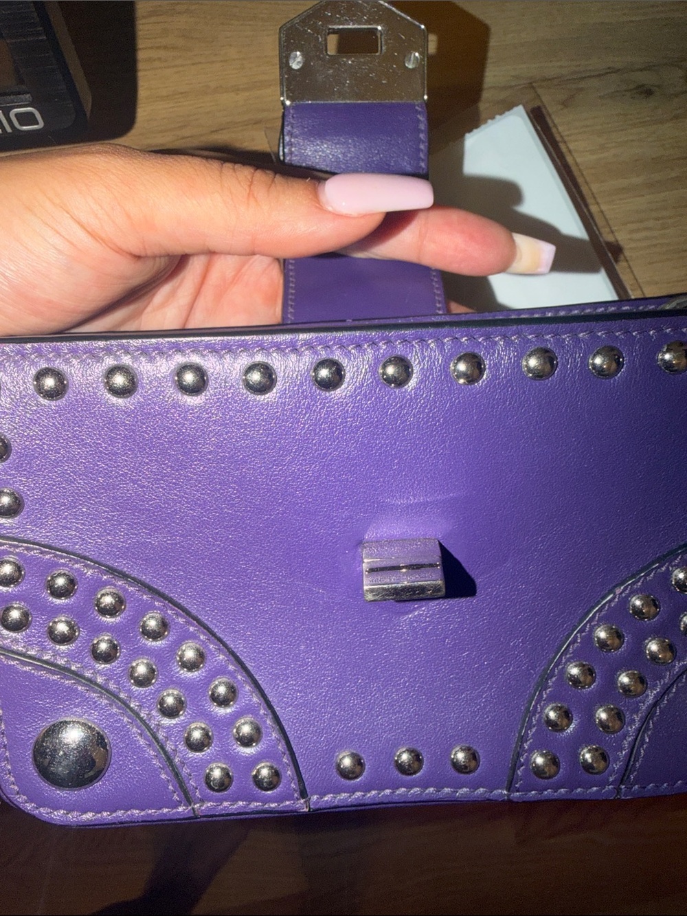 Prada Purple City Calfskin Studded Elektra Turn Lock clutch bag - Picture 8 of 10